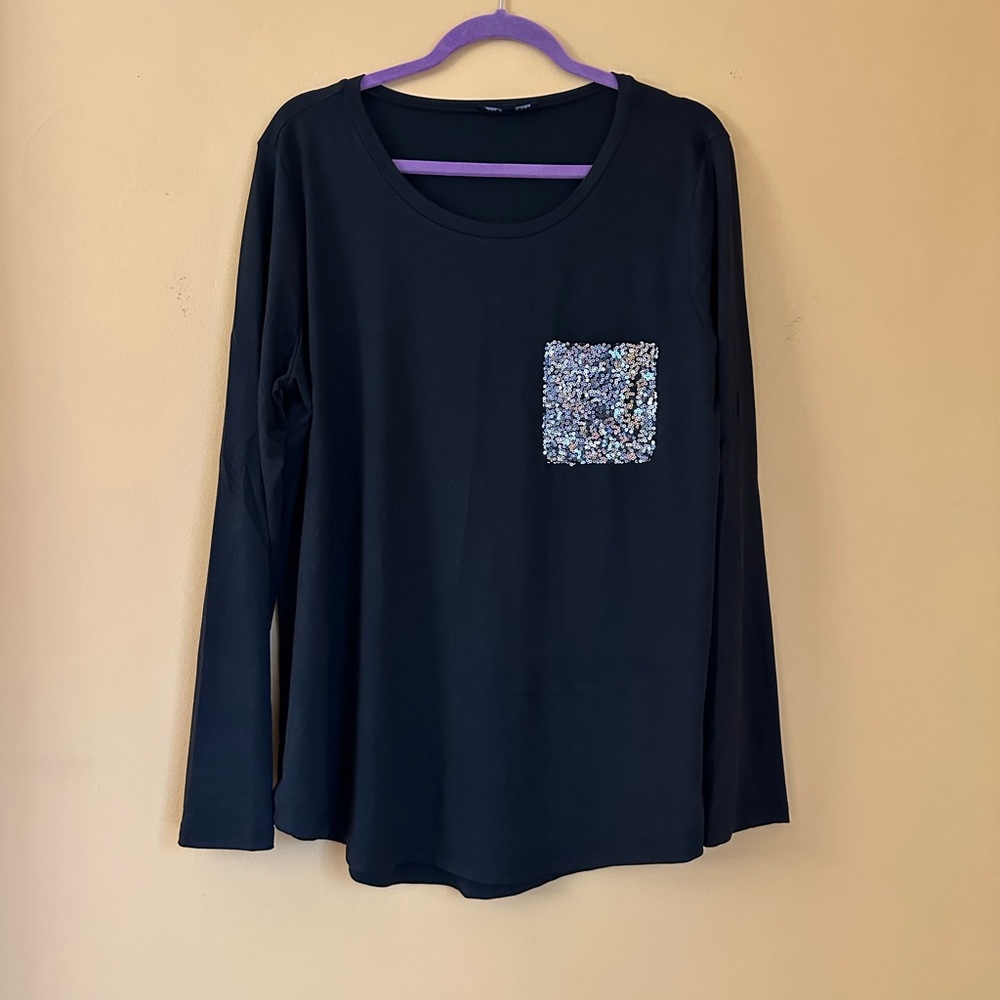 Women's Black Long Sleeve Top with Sequin Pocket